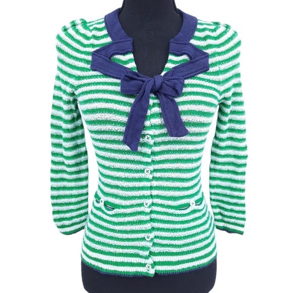 Anthropologie Sweaters - Anthropologie HWR Green White Striped Puff Sleeve Navy Blue Tie Neck Cardigan XS